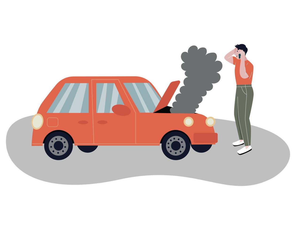 breakdown-of-the-car-on-the-road-a-man-calls-the-service-to-help-a-defective-auto-with-smoke-from-the-hood-isolated-white-background-flat-illustration-vector