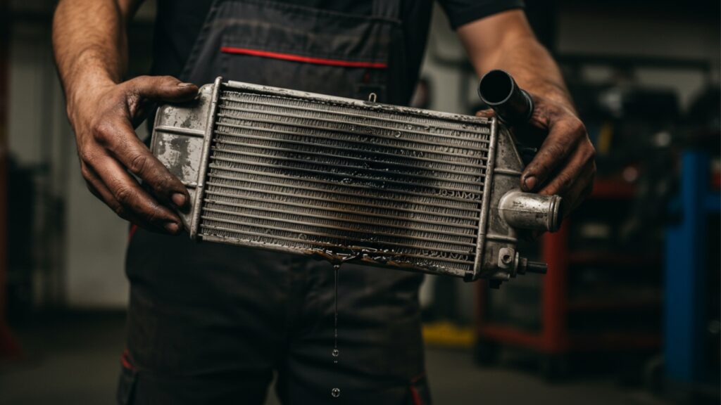 Old leaky car radiator. Close-up of mechanic holding damaged car radiator, ideal for automotive repair or maintenance blogs. radyatörü temizleme